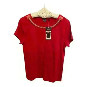 Rafaella Women's Red Embellished Short Sleeve Top Size L Casual
